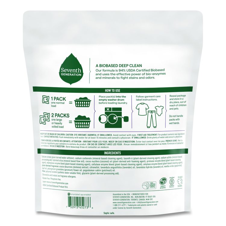 Natural Laundry Detergent Packs, Powder, Lavender Scent, 45 Packets/Pack, 8/Carton