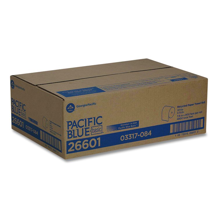 Pacific Blue Basic Recycled Paper Towel Roll, 1-Ply, 7.88" x 800 ft, White, 6 Rolls/Carton