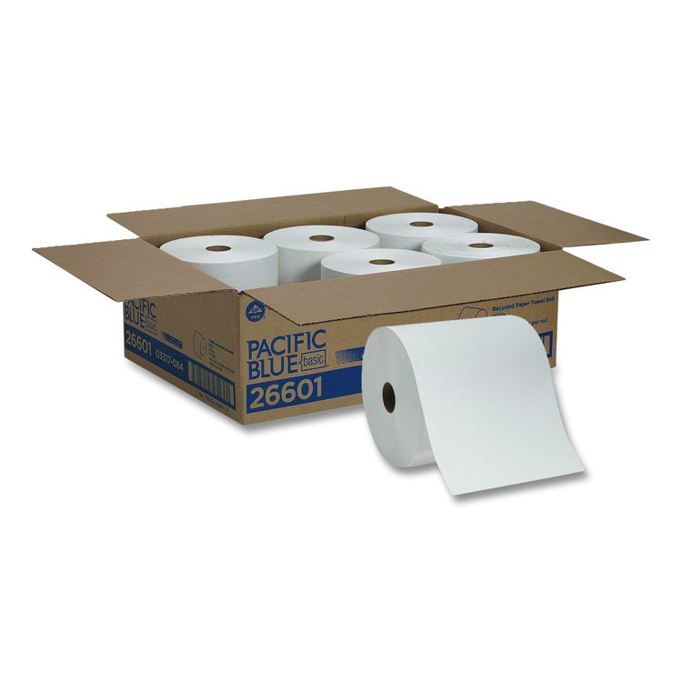 Pacific Blue Basic Recycled Paper Towel Roll, 1-Ply, 7.88" x 800 ft, White, 6 Rolls/Carton