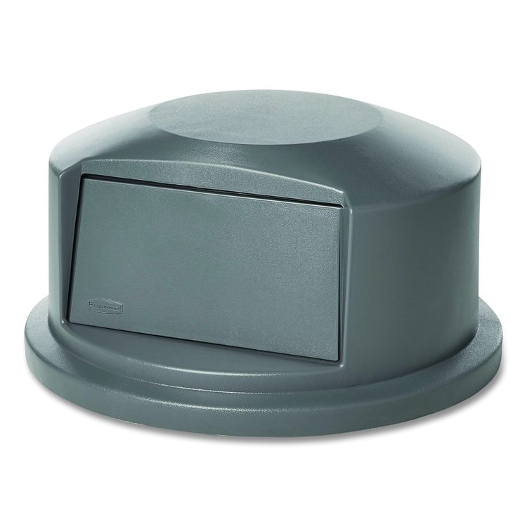 Round BRUTE Dome Top Receptacle, Push Door for 44 gal Containers, 24.81" Diameter x 12.63h, Gray