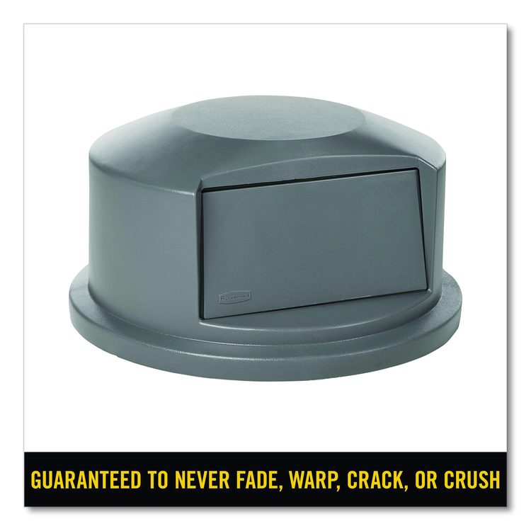 Round BRUTE Dome Top Receptacle, Push Door for 44 gal Containers, 24.81" Diameter x 12.63h, Gray
