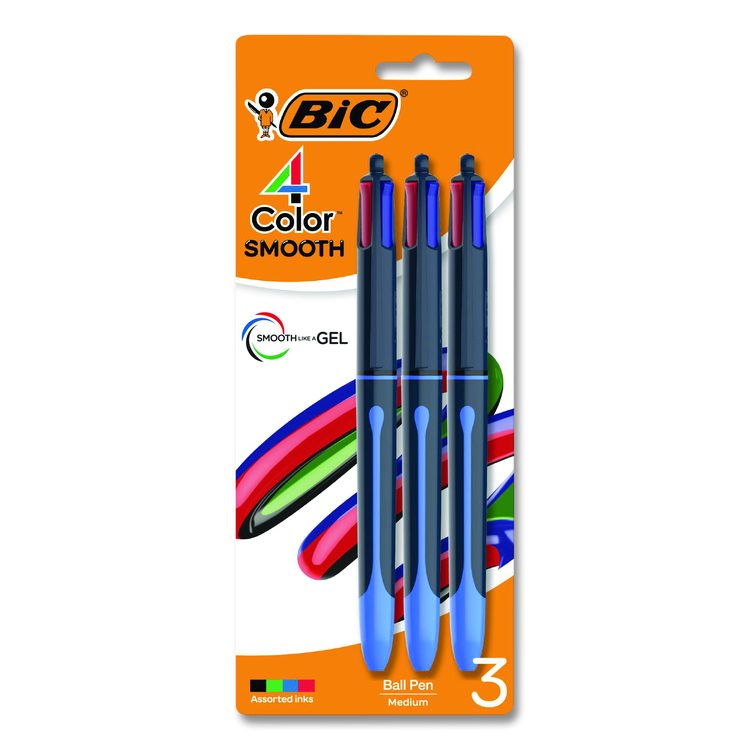 4-Color Smooth Multi-Color Ballpoint Pen, Retractable, Medium 1 mm, Black/Blue/Green/Red Ink, Black/Blue Barrel, 3/Pack