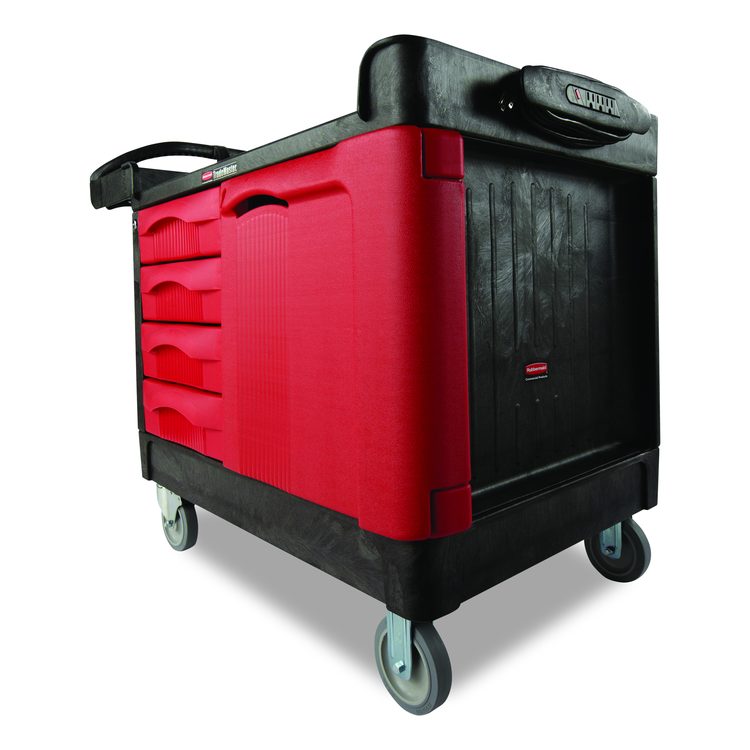 TradeMaster Cart with One Door, Plastic, 3 Shelves, 4 Drawers, 750 lb Capacity, 26.25" x 49" x 38", Black
