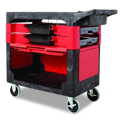 Trades Cart with Locking Storage Area, Plastic, 2 Shelves, 2 Drawers, 330 lb Capacity, 19.25" x 38" x 33.38", Black