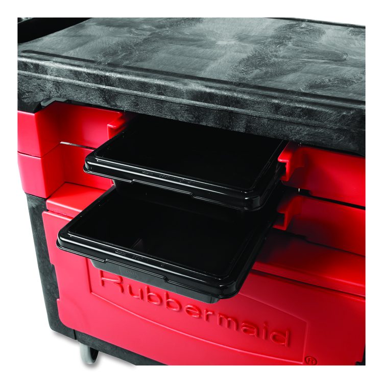 Trades Cart with Locking Storage Area, Plastic, 2 Shelves, 2 Drawers, 330 lb Capacity, 19.25" x 38" x 33.38", Black