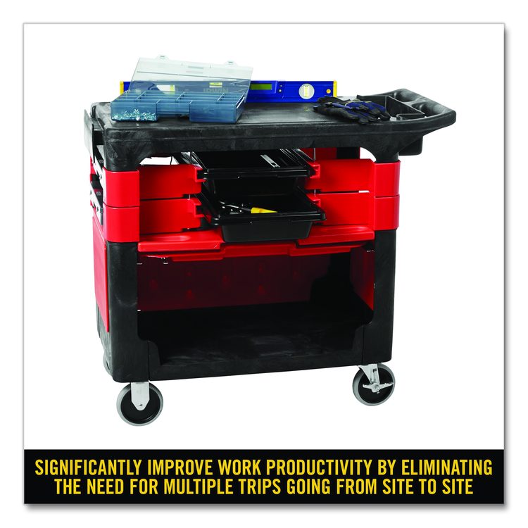 Trades Cart with Locking Storage Area, Plastic, 2 Shelves, 2 Drawers, 330 lb Capacity, 19.25" x 38" x 33.38", Black