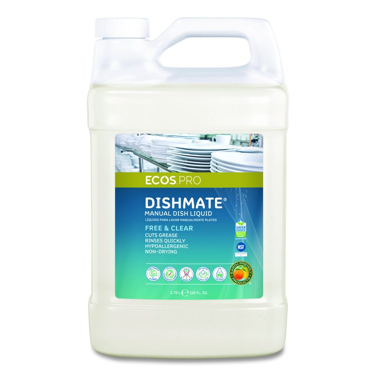 Dishmate Manual Dish Liquid, Free and Clear, 1 gal Jug, 4/Carton