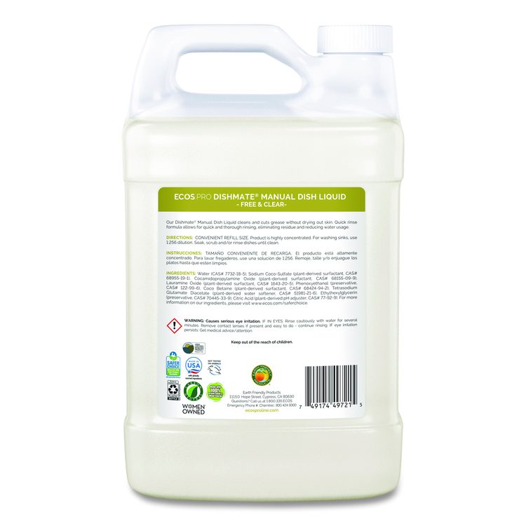 Dishmate Manual Dish Liquid, Free and Clear, 1 gal Jug, 4/Carton