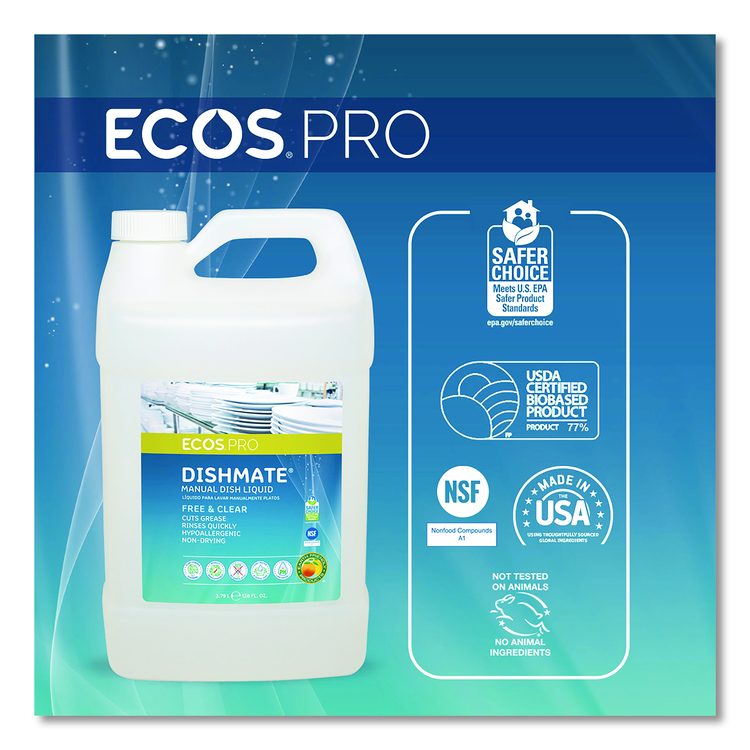 Dishmate Manual Dish Liquid, Free and Clear, 1 gal Jug, 4/Carton