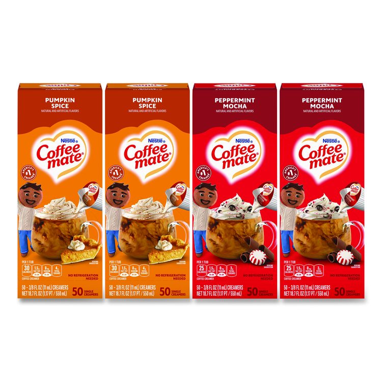 Liquid Coffee Creamer, Peppermint Mocha/Pumpkin Spice, 0.38 oz Mini Cups, 50/Pack, 4 Packs/Carton