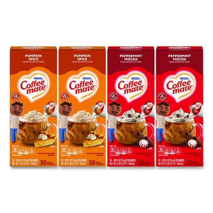 Liquid Coffee Creamer, Peppermint Mocha/Pumpkin Spice, 0.38 oz Mini Cups, 50/Pack, 4 Packs/Carton