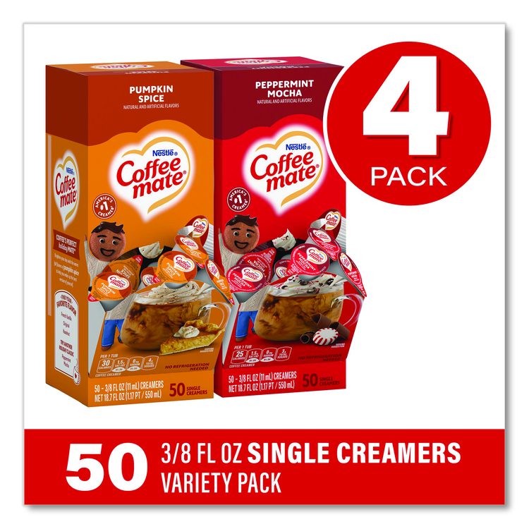 Liquid Coffee Creamer, Peppermint Mocha/Pumpkin Spice, 0.38 oz Mini Cups, 50/Pack, 4 Packs/Carton