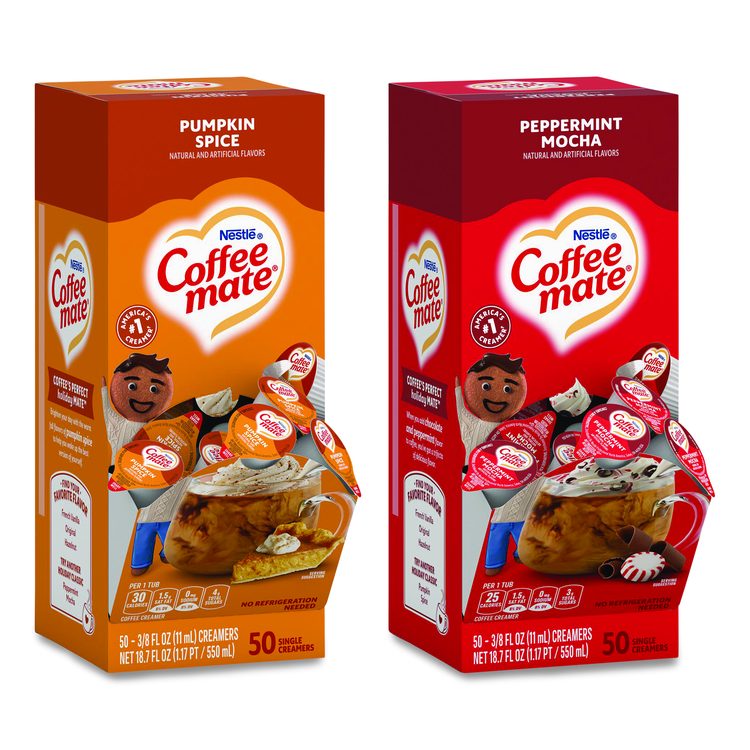 Liquid Coffee Creamer, Peppermint Mocha/Pumpkin Spice, 0.38 oz Mini Cups, 50/Pack, 4 Packs/Carton