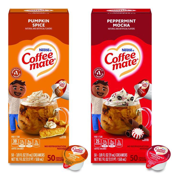 Liquid Coffee Creamer, Peppermint Mocha/Pumpkin Spice, 0.38 oz Mini Cups, 50/Pack, 4 Packs/Carton
