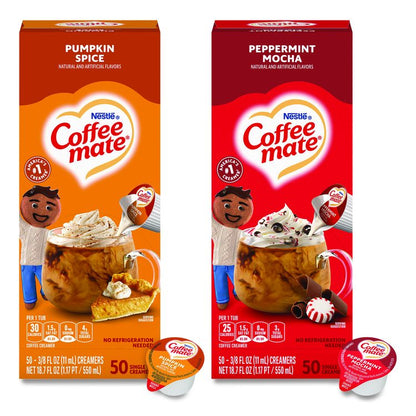 Liquid Coffee Creamer, Peppermint Mocha/Pumpkin Spice, 0.38 oz Mini Cups, 50/Pack, 4 Packs/Carton