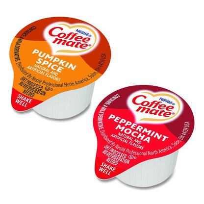 Liquid Coffee Creamer, Peppermint Mocha/Pumpkin Spice, 0.38 oz Mini Cups, 50/Pack, 4 Packs/Carton