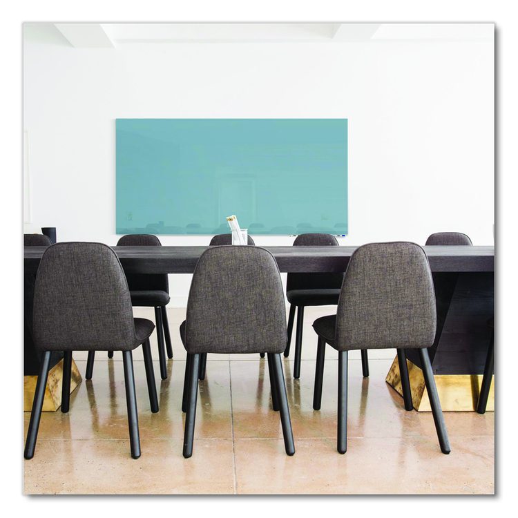 Aria Low-Profile Frameless Magnetic Glassboard, 72" x 48", Denim Blue Surface