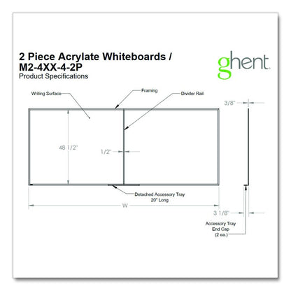 Two-Piece M2 Non-Magnetic Whiteboard with Aluminum Frame, 144.5" x 48.5", White Surface, Satin Aluminum Frame
