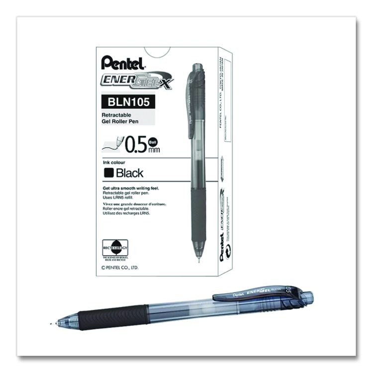 EnerGel-X Gel Pen, Retractable, Fine 0.5 mm, Black Ink, Clear/Black Barrel, 24/Pack