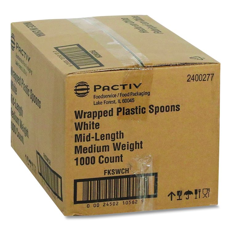 Fieldware Cutlery, Individually Wrapped, Mediumweight Spoon, Plastic, White, 1,000/Carton