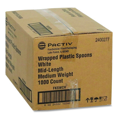 Fieldware Cutlery, Individually Wrapped, Mediumweight Spoon, Plastic, White, 1,000/Carton