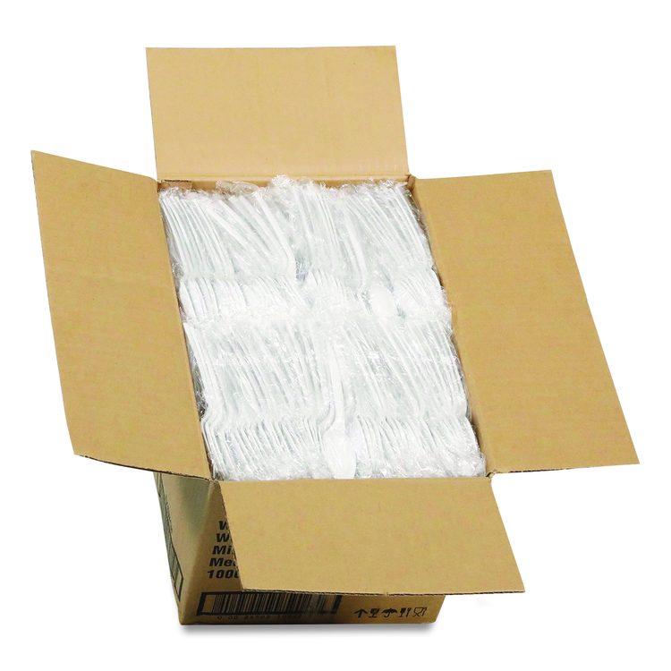 Fieldware Cutlery, Individually Wrapped, Mediumweight Spoon, Plastic, White, 1,000/Carton