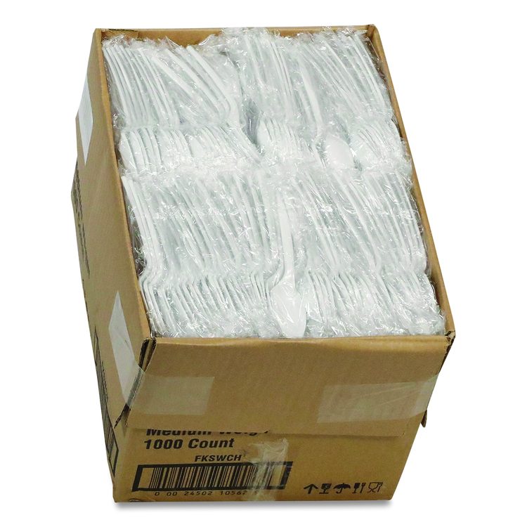 Fieldware Cutlery, Individually Wrapped, Mediumweight Spoon, Plastic, White, 1,000/Carton