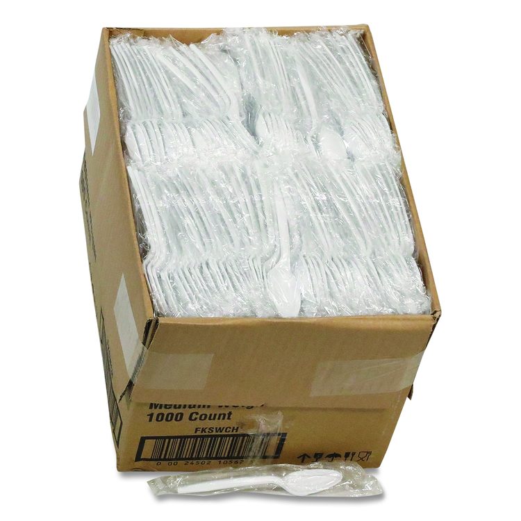 Fieldware Cutlery, Individually Wrapped, Mediumweight Spoon, Plastic, White, 1,000/Carton