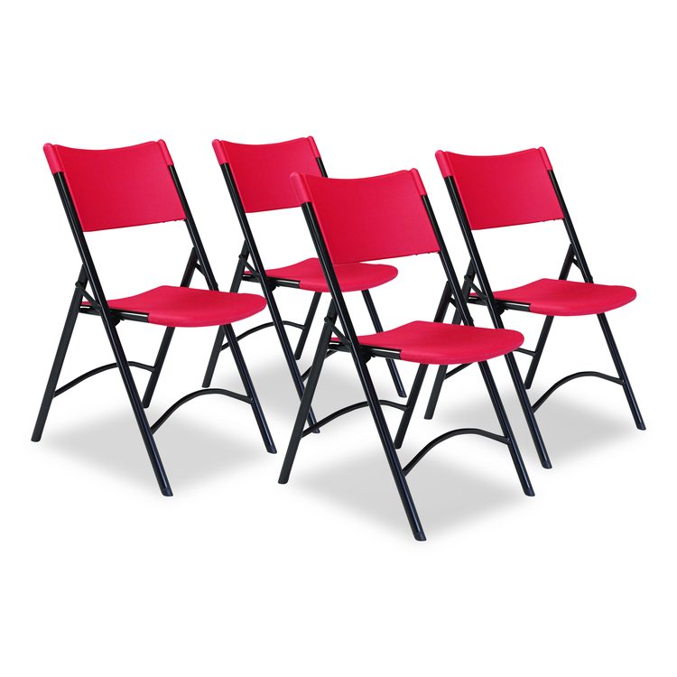 600 Series Heavy Duty Plastic Folding Chair, Supports Up to 500 lb, 18" Seat Height, Red Seat/Back, Black Base, 4/Carton