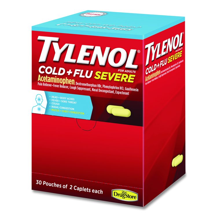 Cold + Flu Severe Caplets, 2/Pack, 30 Packs/Box