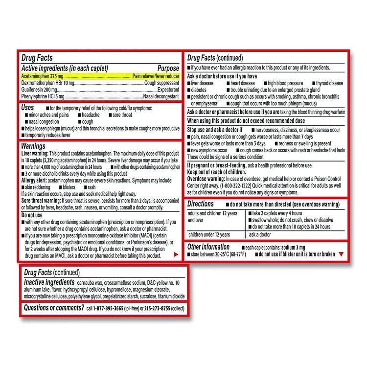 Cold + Flu Severe Caplets, 2/Pack, 30 Packs/Box