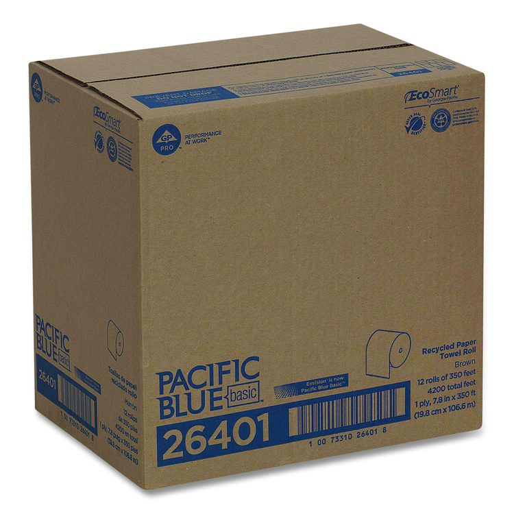 Pacific Blue Basic Recycled Paper Towel Roll, 1-Ply, 7.88 x 350 ft, Brown, 12 Rolls/Carton