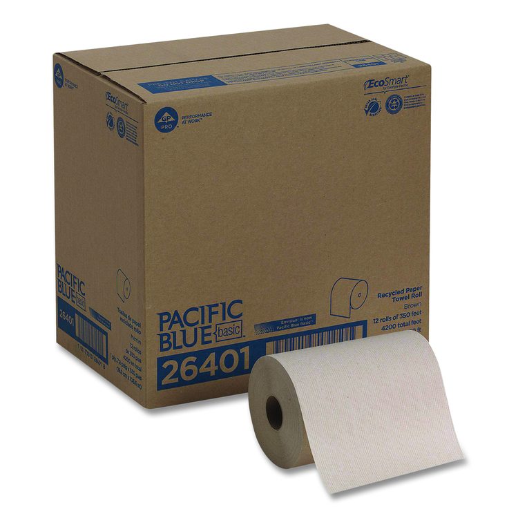 Pacific Blue Basic Recycled Paper Towel Roll, 1-Ply, 7.88 x 350 ft, Brown, 12 Rolls/Carton
