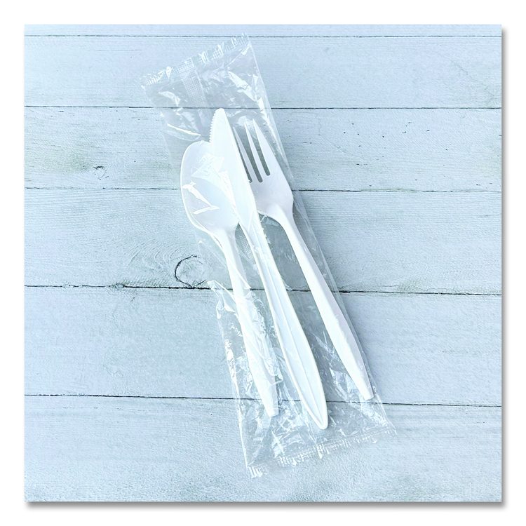 Three-Piece Polystyrene Cutlery Kit, Mediumweight, Fork/Knife/Spoon, Plastic, White, 250/Carton