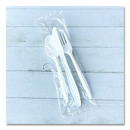 Three-Piece Polystyrene Cutlery Kit, Mediumweight, Fork/Knife/Spoon, Plastic, White, 250/Carton