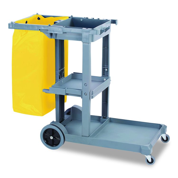 Janitor Cleaning Cart, Plastic, 4 Shelves, 1 Bin, 19" x 45" x 39", Gray