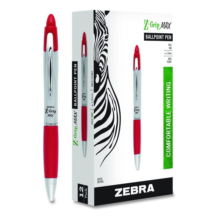 Z-Grip MAX Ballpoint Pen, Retractable, Medium 1 mm, Red Ink, Silver/Red Barrel, 12/Pack