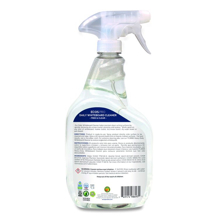 Daily Whiteboard Cleaner, Free and Clear, 32 oz Spray Bottle, 6/Carton