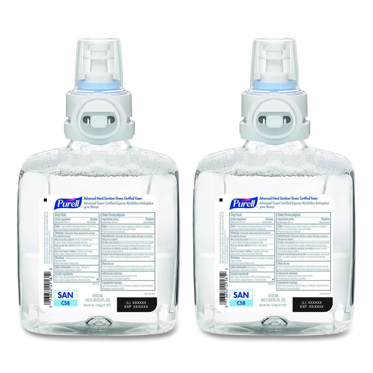 Advanced Hand Sanitizer Green Certified Foam Refill, For CS8 Dispensers, 1,200 mL, Fragrance-Free, 2/Carton