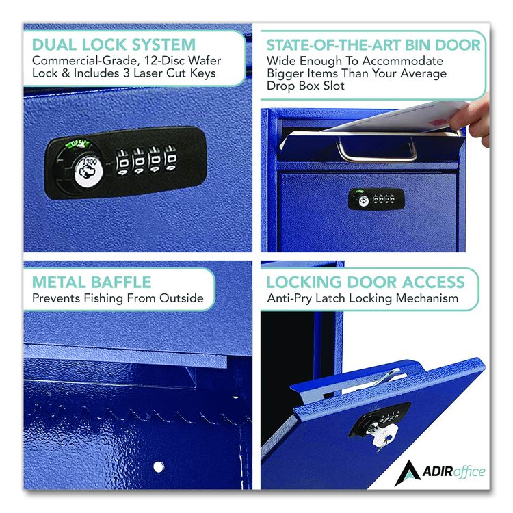 Large Secure Drop Box Wall Mounted Locking Mail Box with Key and Combination lock, 11.2 x 4.7 x 16.2, Blue