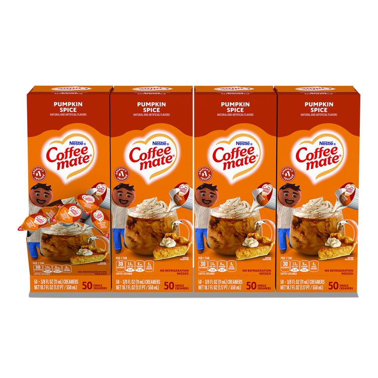 Liquid Coffee Creamer, Pumpkin Spice, 0.38 oz Mini Cups, 50/Box, 4 Boxes/Carton