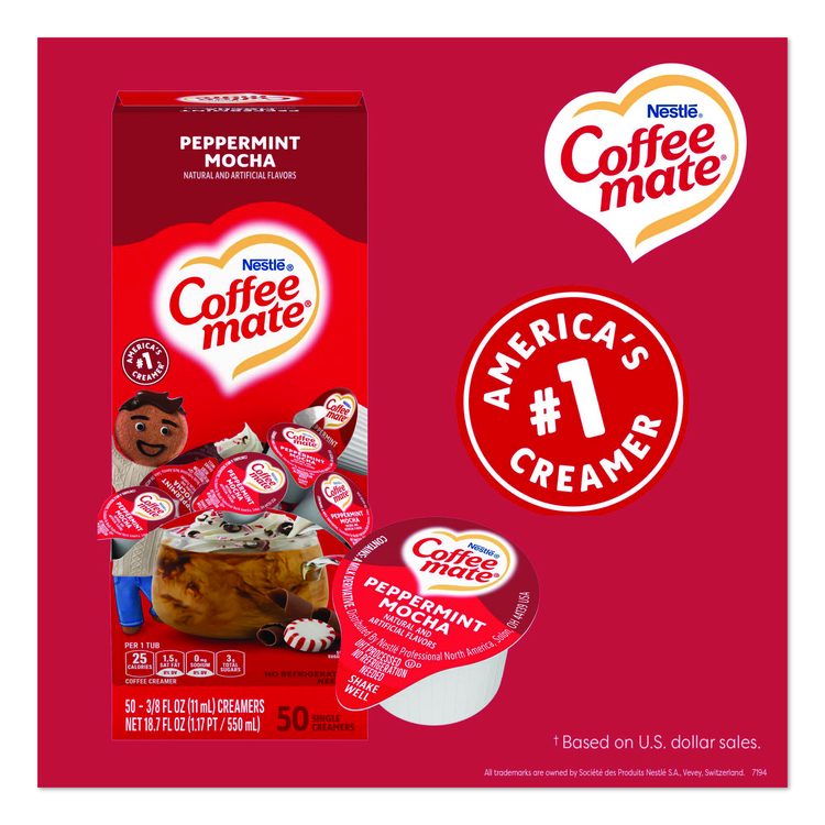 Liquid Coffee Creamer, Peppermint Mocha, 0.38 oz Mini Cups, 50/Box