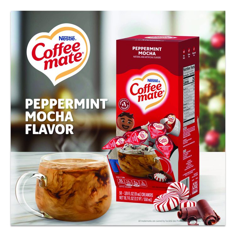 Liquid Coffee Creamer, Peppermint Mocha, 0.38 oz Mini Cups, 50/Box, 4 Boxes/Carton