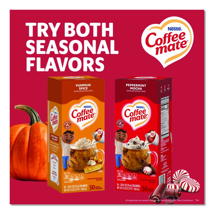 Liquid Coffee Creamer, Peppermint Mocha, 0.38 oz Mini Cups, 50/Box, 4 Boxes/Carton