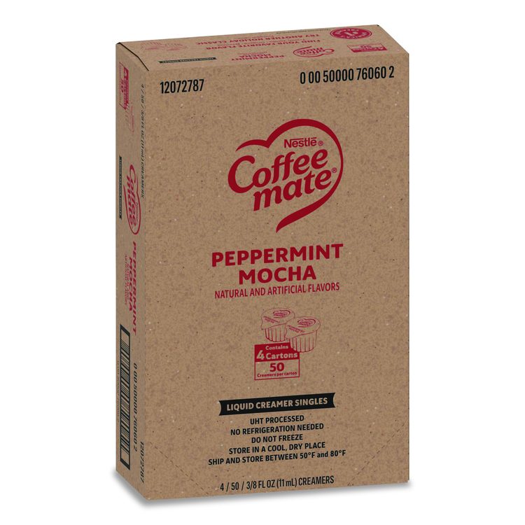 Liquid Coffee Creamer, Peppermint Mocha, 0.38 oz Mini Cups, 50/Box, 4 Boxes/Carton