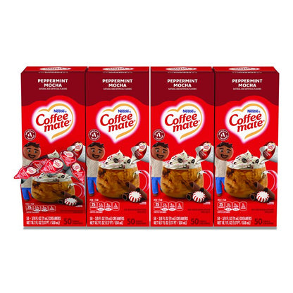 Liquid Coffee Creamer, Peppermint Mocha, 0.38 oz Mini Cups, 50/Box, 4 Boxes/Carton