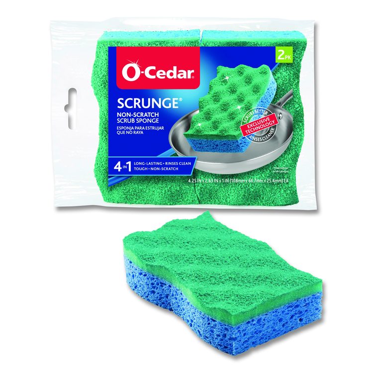 Scrunge Non-Scratch Scrub Sponge, 2.63 x 4.25, 1" Thick, Green/Blue, 2/Pack