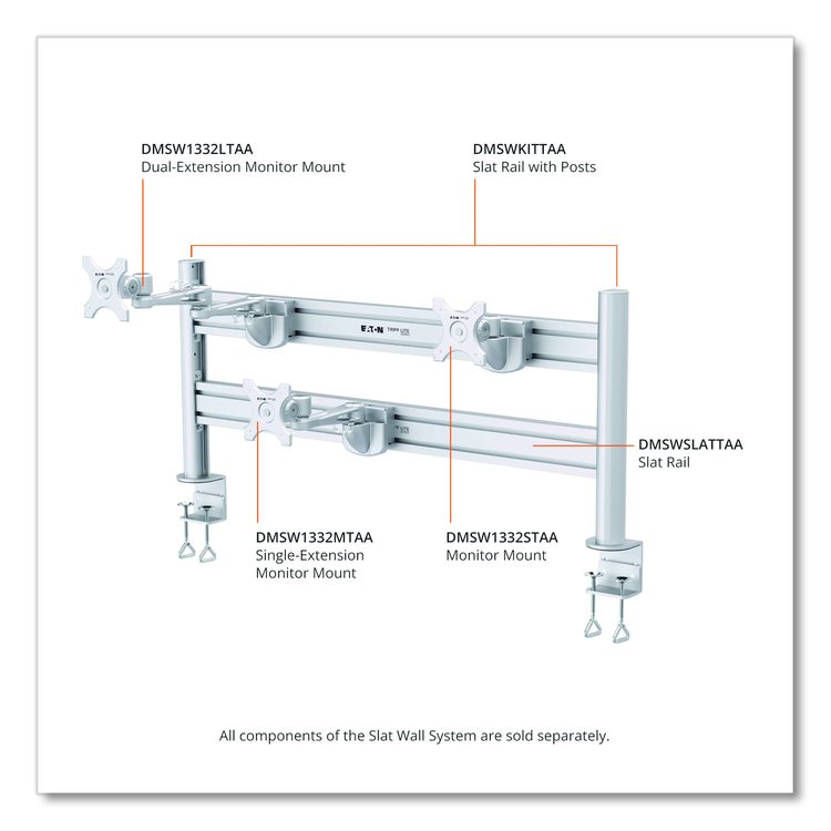 Slat Rail for Slat Wall System for 32" TVs, 3.39w x 1.8d x 41h, Silver, Supports 33 lb