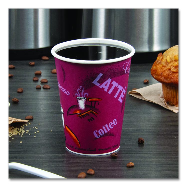 Paper Hot Drink Cups in Bistro Design, 12 oz, Maroon, 300/Carton