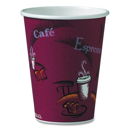 Paper Hot Drink Cups in Bistro Design, 12 oz, Maroon, 300/Carton